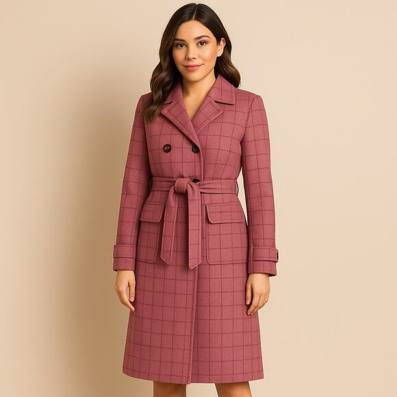 Vintage Pink Plaid Double-Breasted Coat Knee Length UK Size Small Belt Pockets - Picture 8 of 9